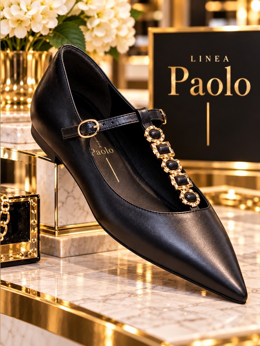 LINEA PAOLO Corinne Black Nappa Leather T-Strap Flats – Size 6 – NIB